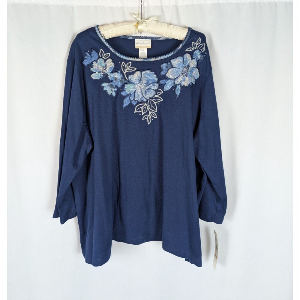 NWT Alfred Dunner Size 2X Blue Embroidered Flower Long Sleeve Knit Top Grandma